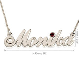 Close-up of birthstone name necklace