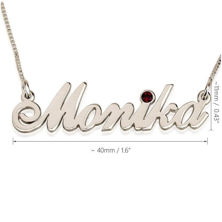 Close-up of birthstone name necklace