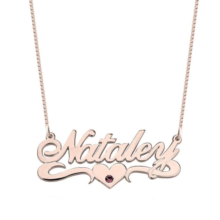 Rose gold name necklace with heart and birthstone