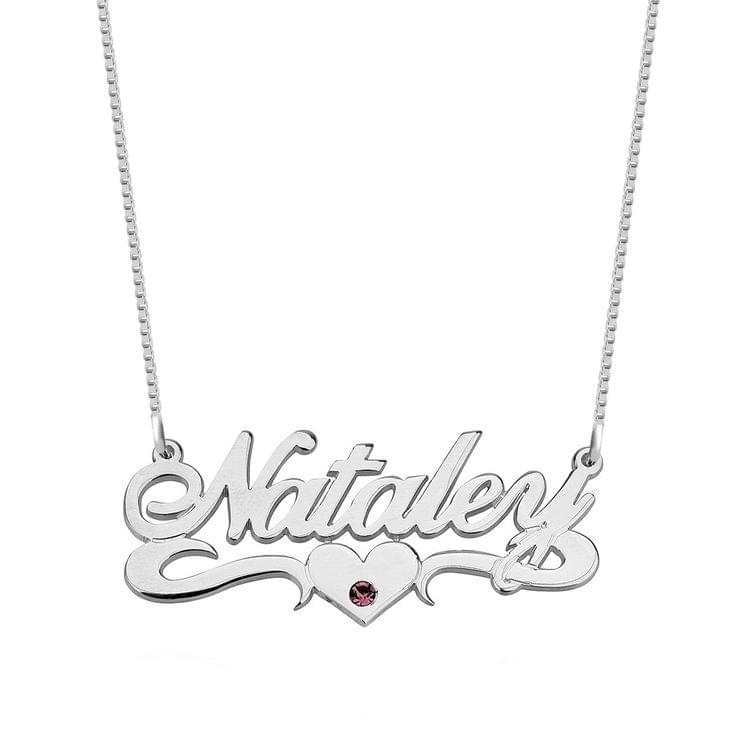 Silver Birthstone & heart Name Necklace 

