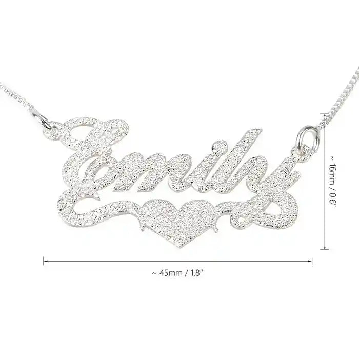 brushed name necklace with heart in sterling silver