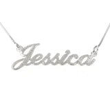 brushed name necklace with Jessica script