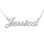 brushed name necklace with Jessica script
