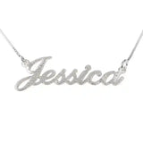 brushed name necklace with Jessica script