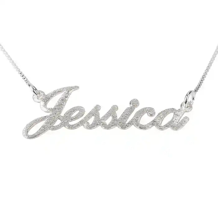 brushed name necklace with Jessica script