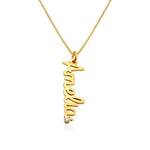 English Cursive Vertical Name Necklace with Diamond.