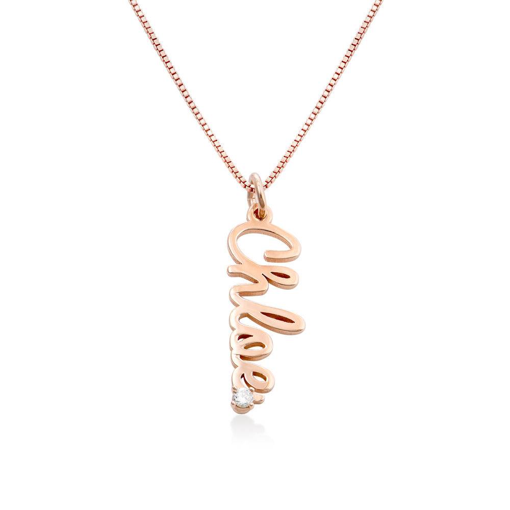 English Cursive Vertical Name Necklace with Diamond.