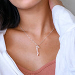 English Cursive Vertical Name Necklace with Diamond.