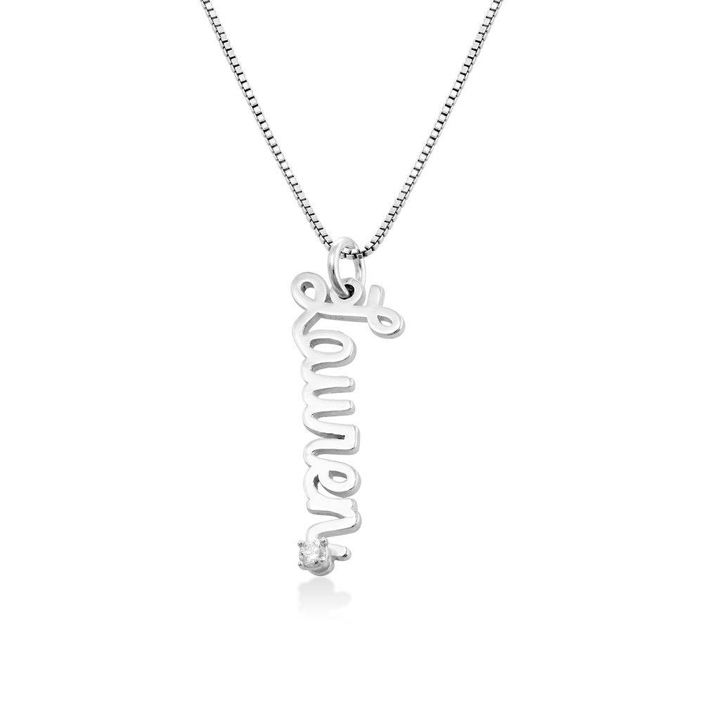 English Cursive Vertical Name Necklace with Diamond.