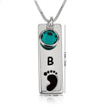 Vertical footprint necklace with birthstone and initial