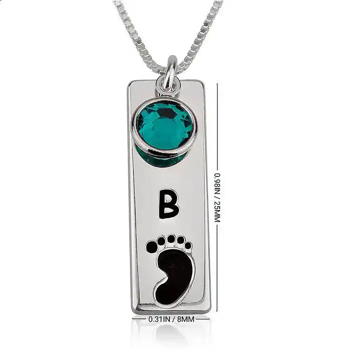 Vertical footprint necklace with birthstone and initial