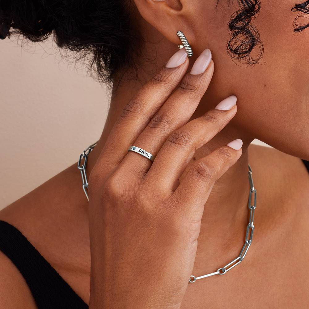 Engraved Thin Band Ring With Birthstone