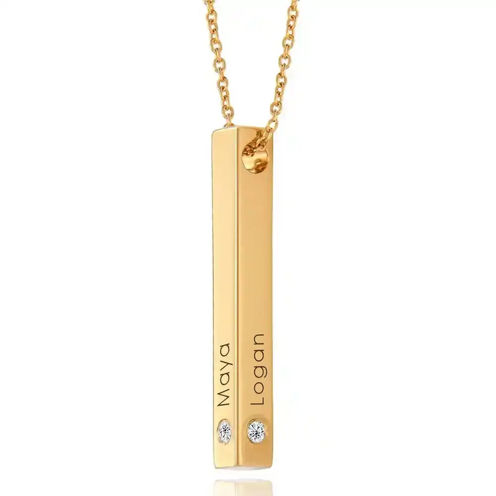Engraved 3D bar necklace with diamonds in 18k gold Plated with upto 4-sided personalization