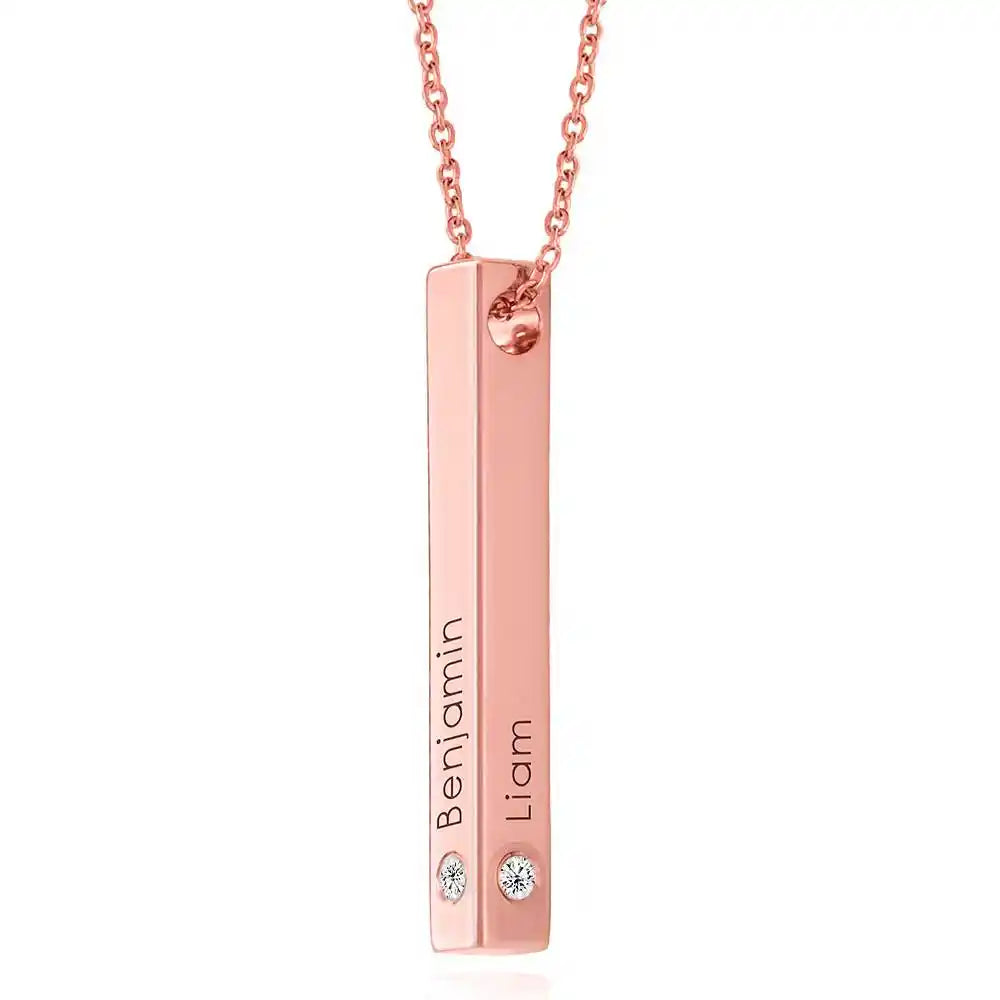 Engraved 3D bar necklace with diamonds in 18k Rose gold Plated with upto 4-sided personalization