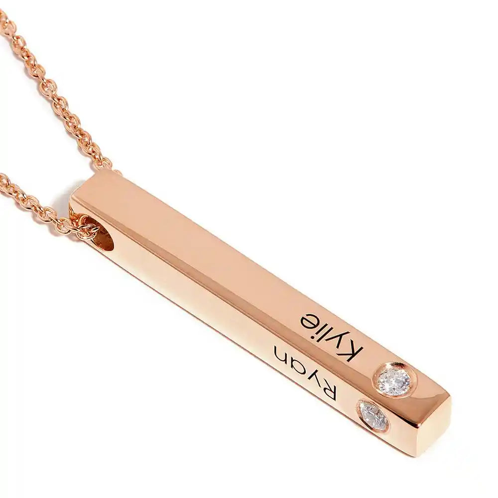 Engraved 3D bar necklace with diamonds in 18k Rose gold Plated with upto 4-sided personalization