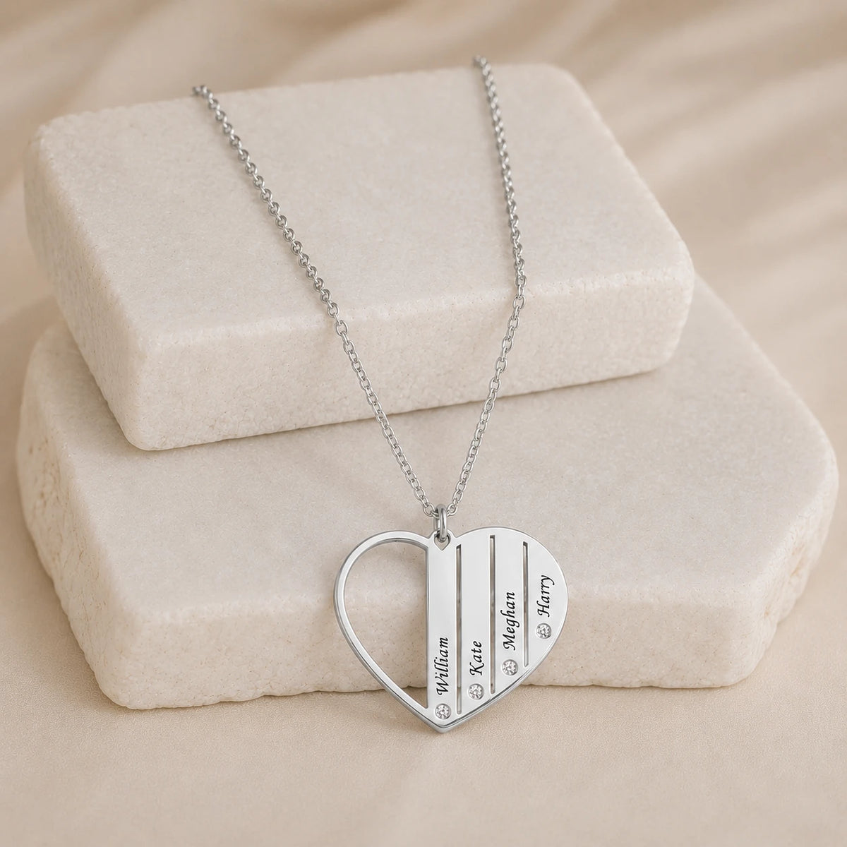 Engraved Heart Necklace Upto 7 Names & Diamonds