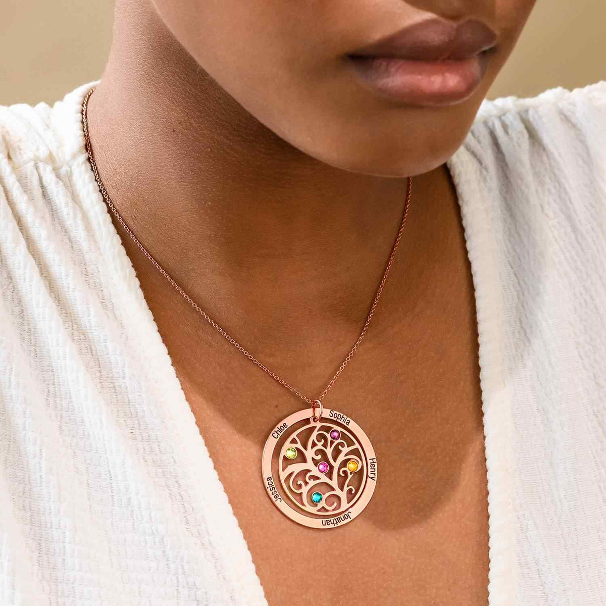 Family Tree Necklace With Birthstones and Names.