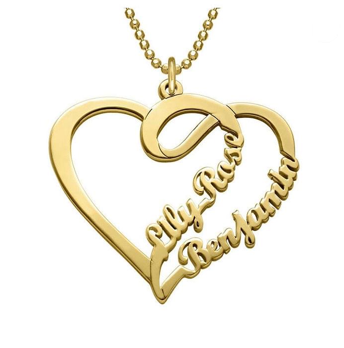 Gold-plated heart double-name necklace with intertwined hearts