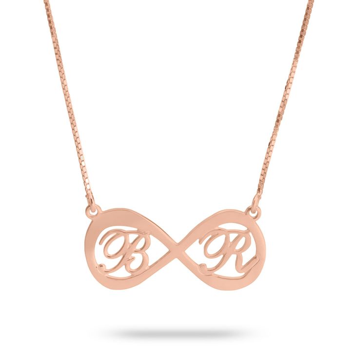 Rose gold infinity necklace featuring two letters