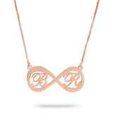 Rose gold infinity necklace featuring two letters