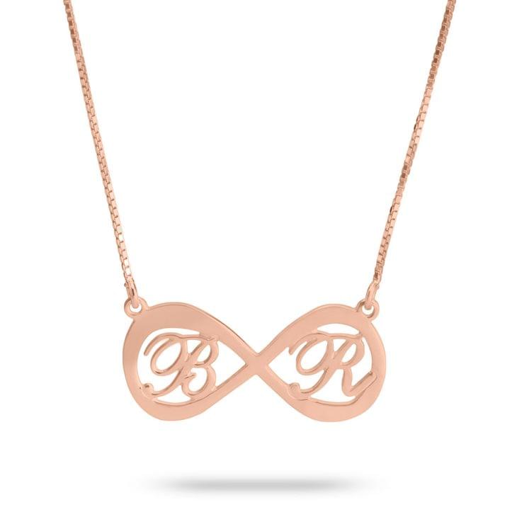 Rose gold infinity necklace featuring two letters
