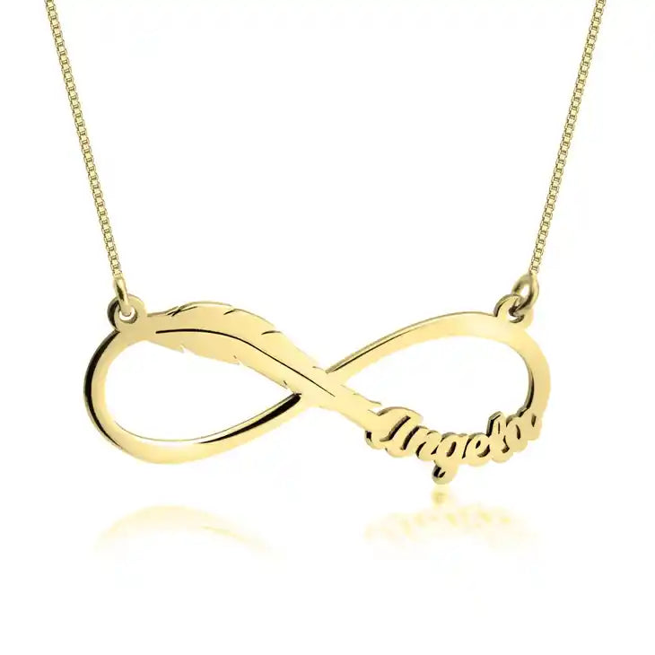 Close-up of infinity feather pendant with custom name