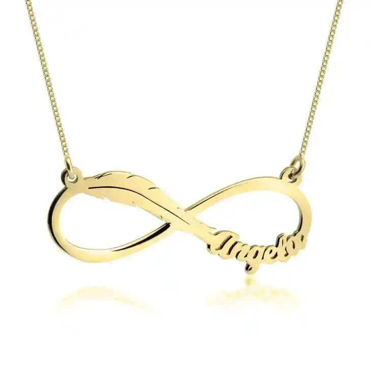 Close-up of infinity feather pendant with custom name