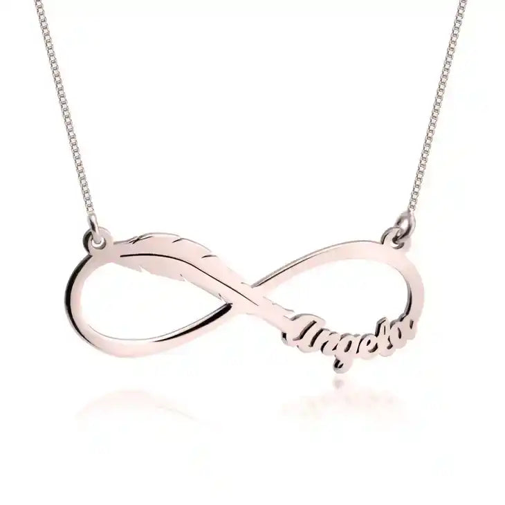 Infinity feather name necklace
