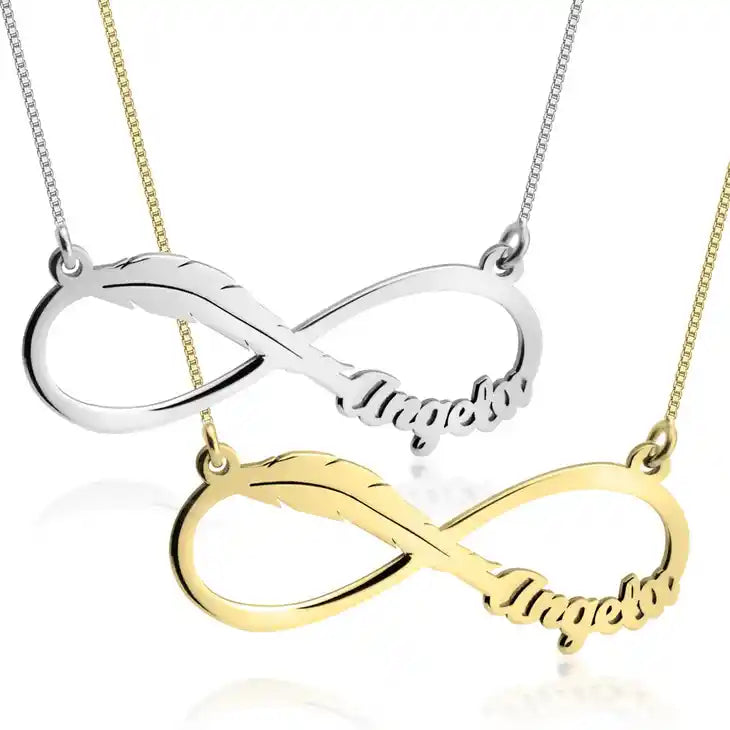 Gold and silver infinity feather name necklace