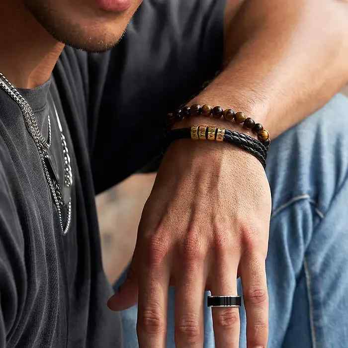 Leather Bracelet for Men Engraved beads