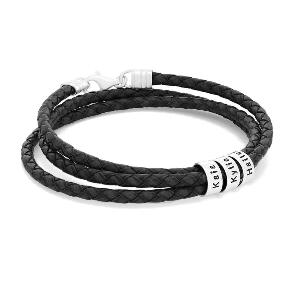 Leather Bracelet for Men with Silver Engraved beads