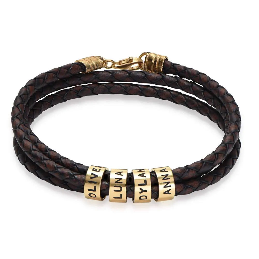 Leather Bracelet for Men with Small Custom Beads in Brown.