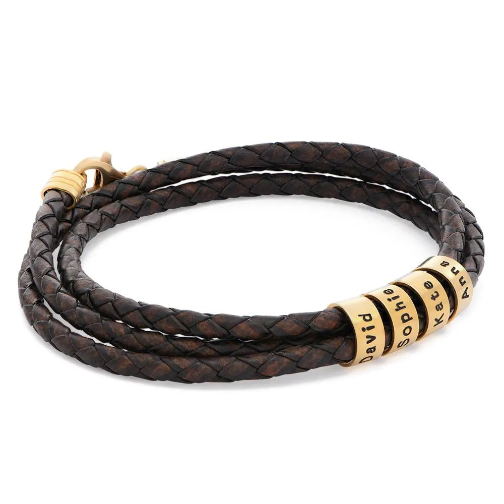 Leather Bracelet for Men with Small Custom Beads in Brown.