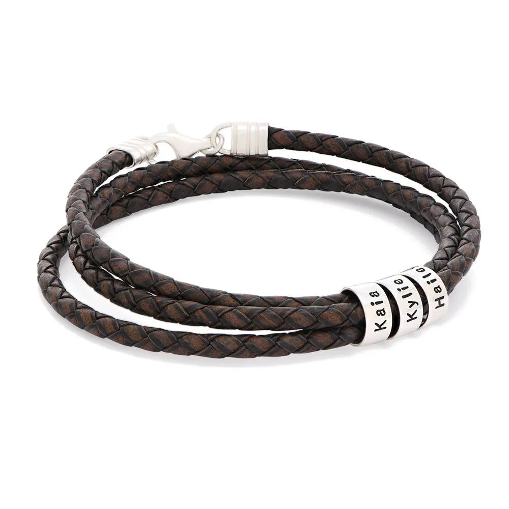Leather Bracelet for Men with Small Custom Beads in Brown.
