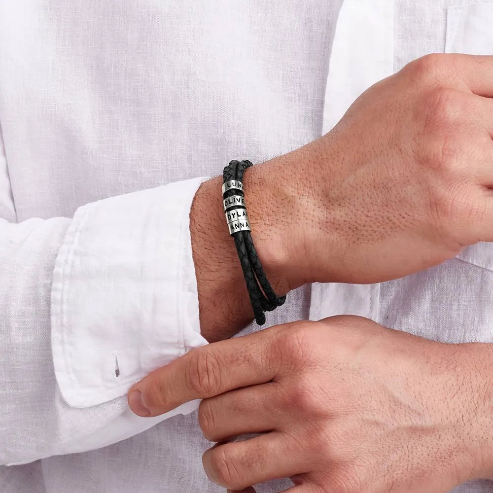 Leather Bracelet for Men with Small Custom Beads in Brown.