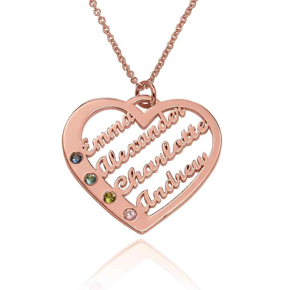 Rose gold heart-shaped necklace with engraved names and birthstones
