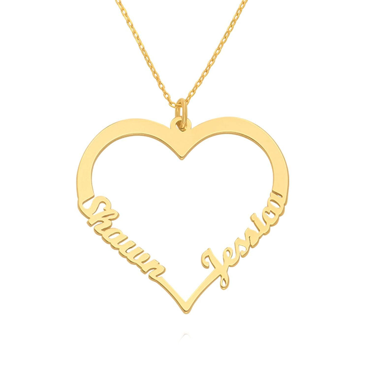Gold heart pendant necklace with two names