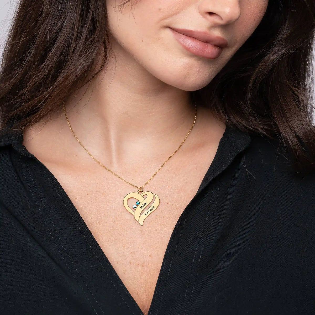 Personalized Couples Heart Necklace with Two Names & Birthstones