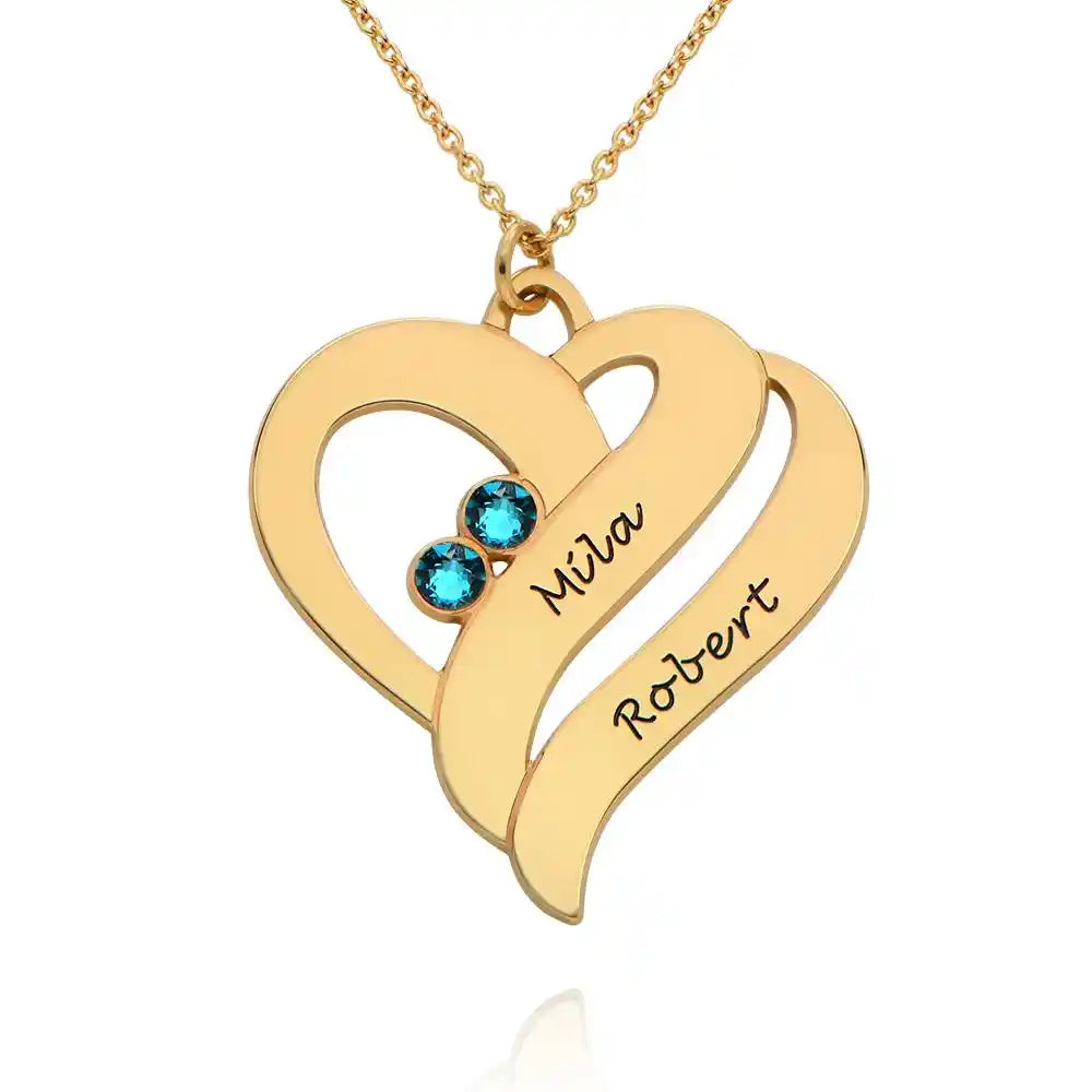 Personalized Couples Heart Necklace with Two Names & Birthstones