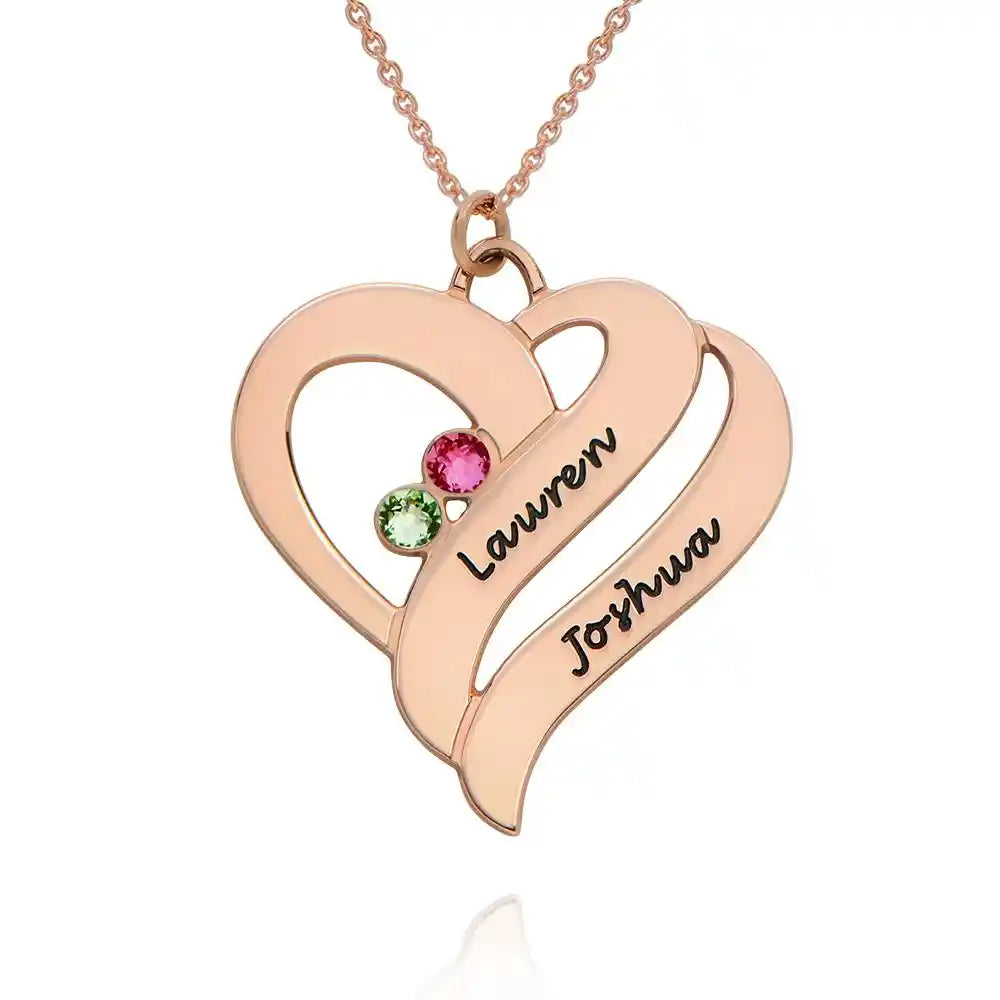 Personalized Couples Heart Necklace with Two Names & Birthstones