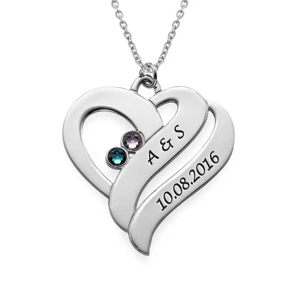 Personalized Couples Heart Necklace with Two Names & Birthstones