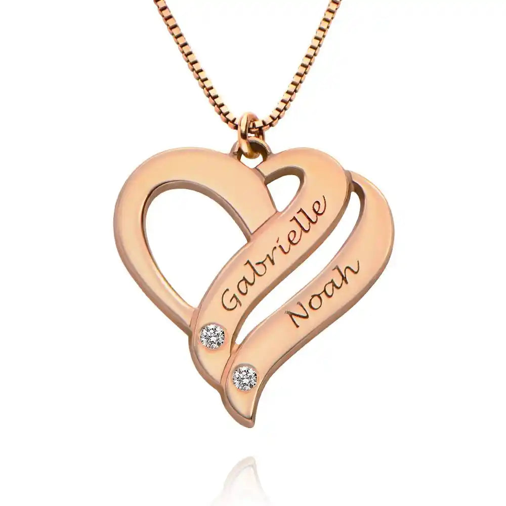 Personalized Couples Heart Necklace with Two Names & Diamonds