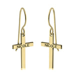 Minimalist gold cross drop earrings with engraved names