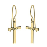 Minimalist gold cross drop earrings with engraved names