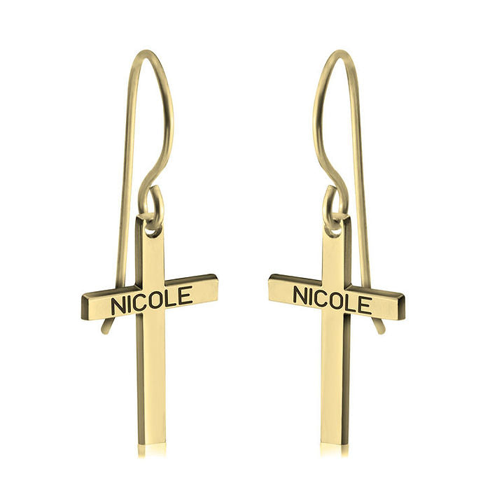Minimalist gold cross drop earrings with engraved names