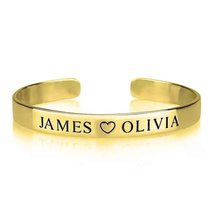 Gold bracelet with 'JAMES ❤️ OLIVIA' engraved