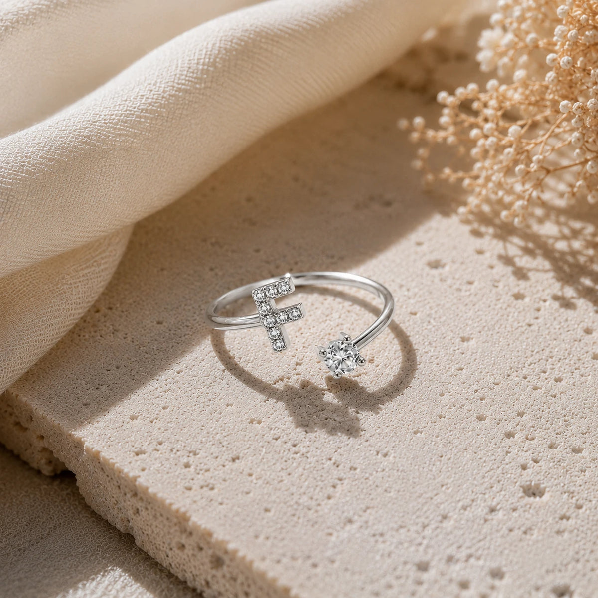 Personalized Moissanite Initial Ring.