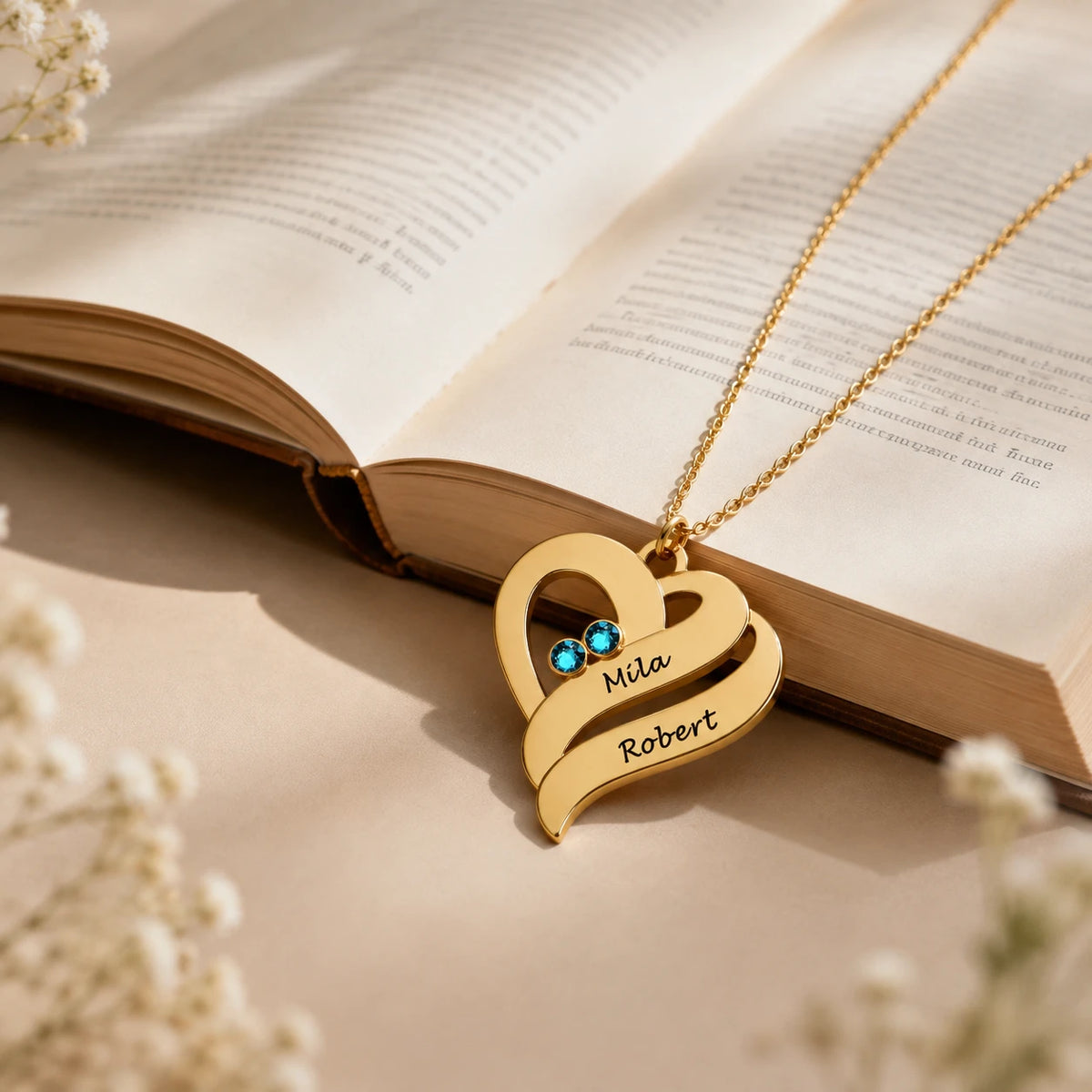 Personalized Couples Heart Necklace with Two Names & Birthstones