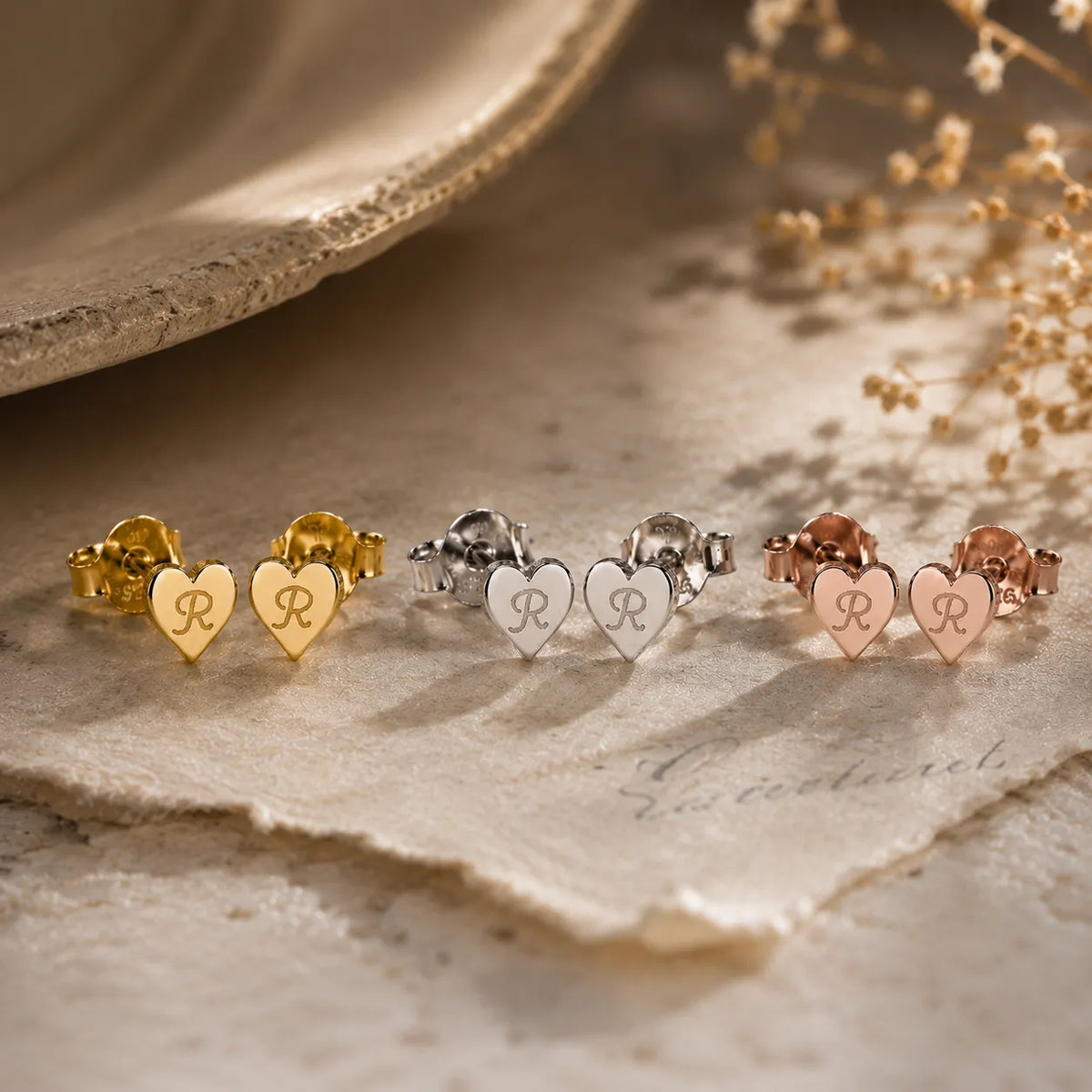 Personalized Heart Initial Stud Earrings.