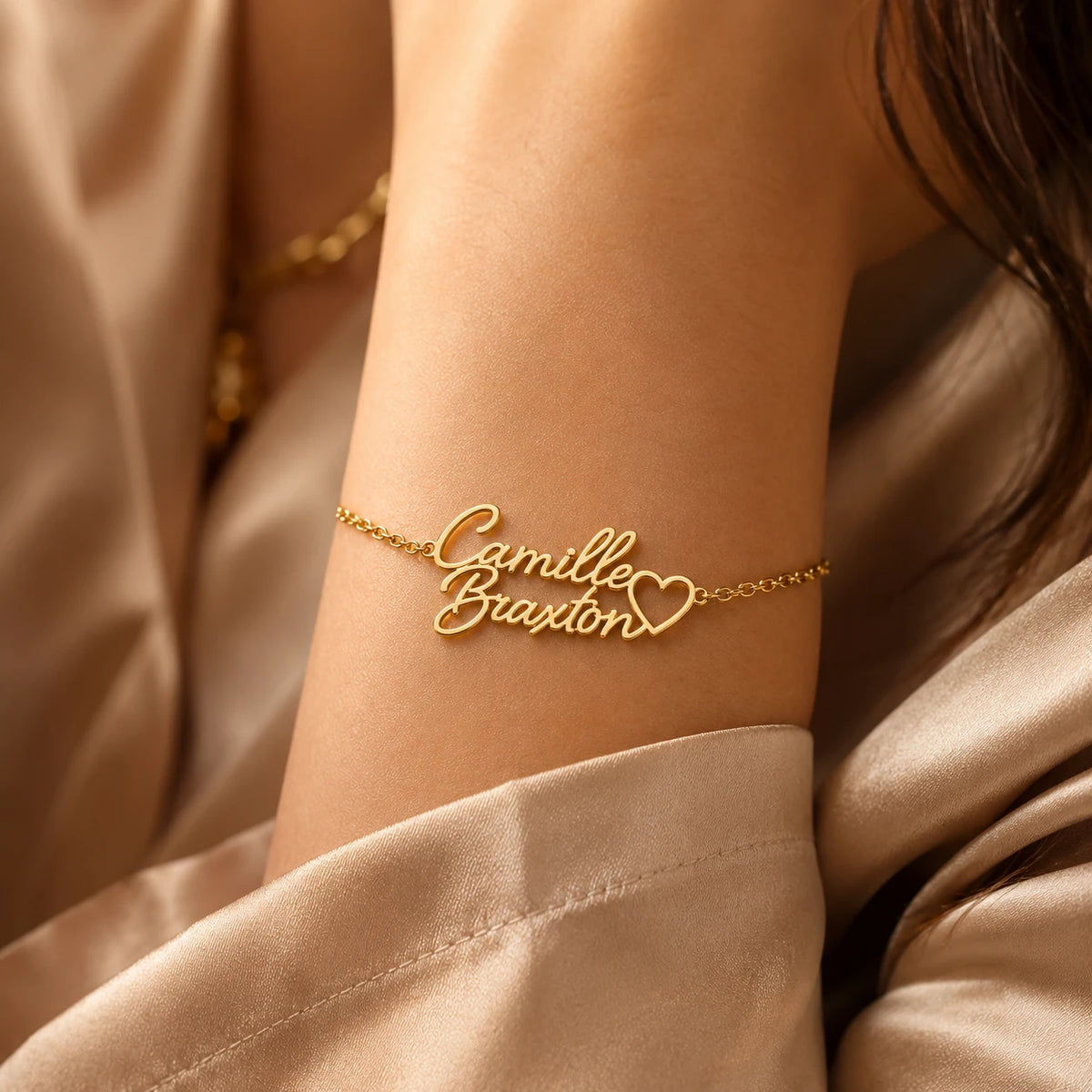 Personalized Two Name Bracelet With Heart.